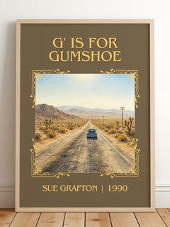 G' Is for Gumshoe Classic Book Art Print by Sue Grafton – framed print leaning on a wooden floor