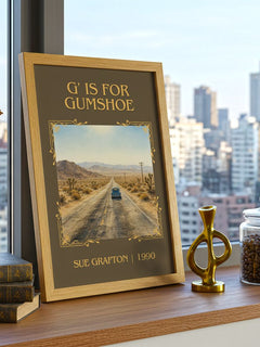 G' Is for Gumshoe Classic Book Art Print by Sue Grafton – framed print on a city-view windowsill