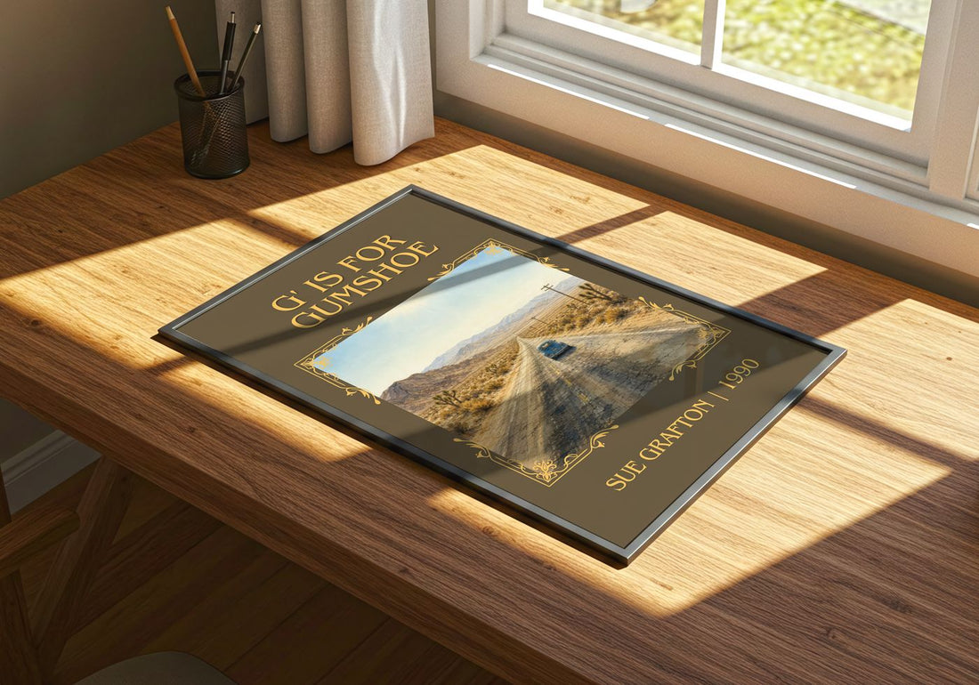 G' Is for Gumshoe Classic Book Art Print by Sue Grafton – print on a sunlit desk