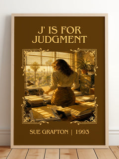 J' Is for Judgment Classic Book Art Print by Sue Grafton – framed print leaning on a wooden floor