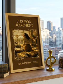 J' Is for Judgment Classic Book Art Print by Sue Grafton – framed print on a city-view windowsill