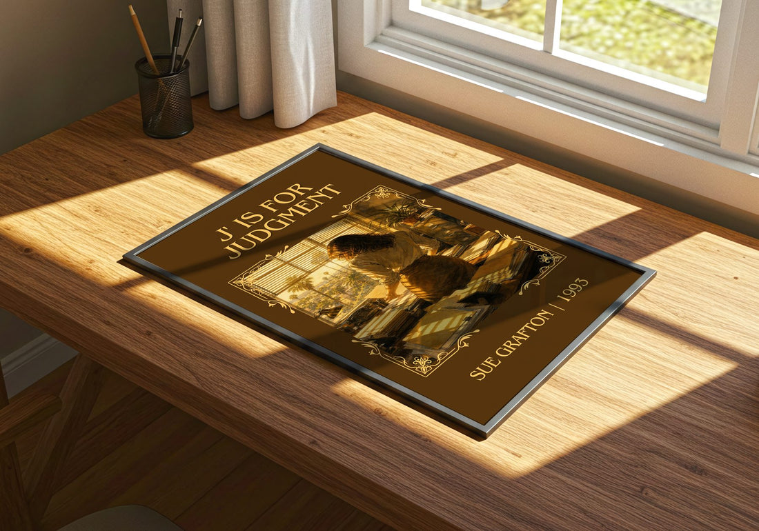 J' Is for Judgment Classic Book Art Print by Sue Grafton – print on a sunlit desk