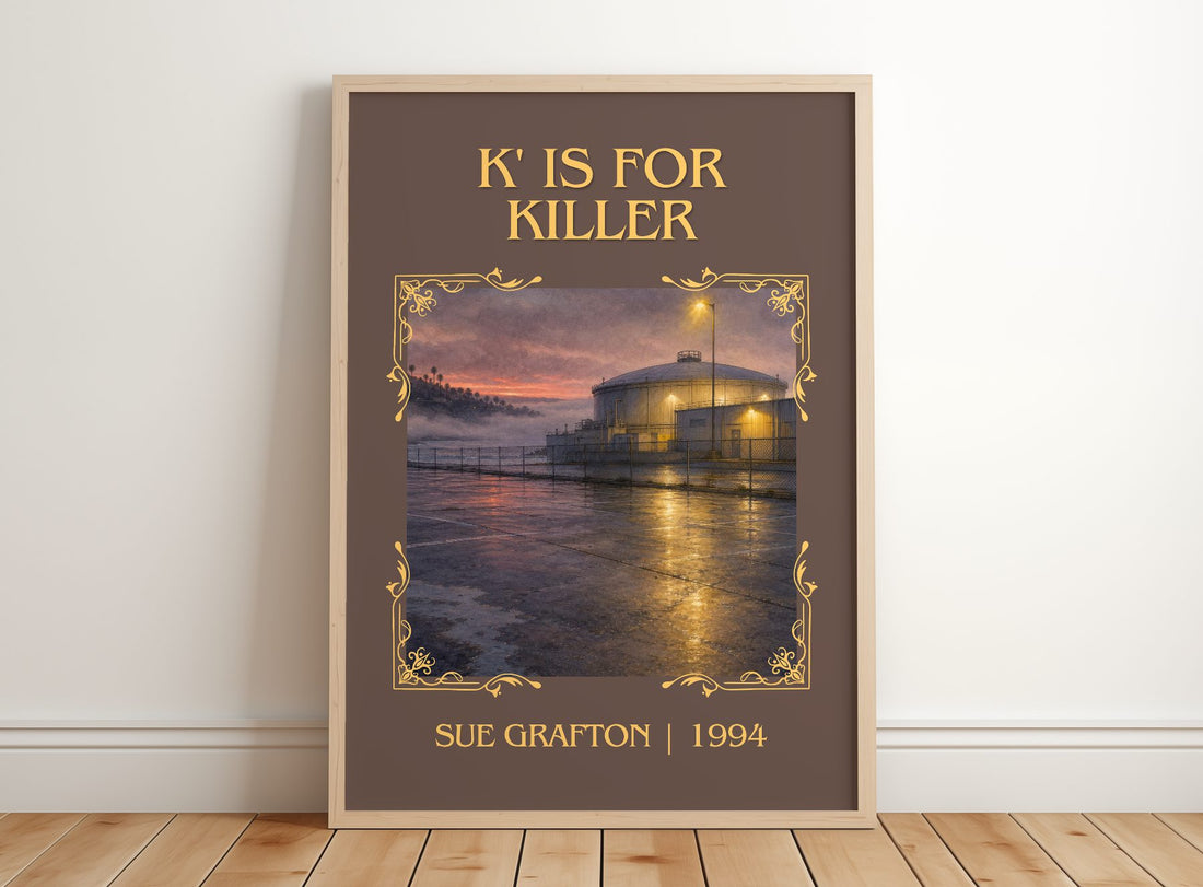 K' Is for Killer Classic Book Art Print by Sue Grafton – framed print leaning on a wooden floor