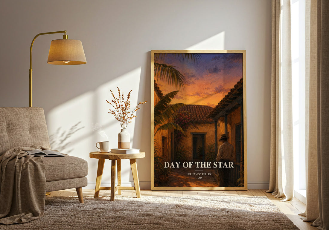 Day Of The Star watercolour print in frame leaning in hallway – literary fiction wall art (mockup)