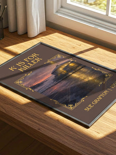 K' Is for Killer Classic Book Art Print by Sue Grafton – print on a sunlit desk