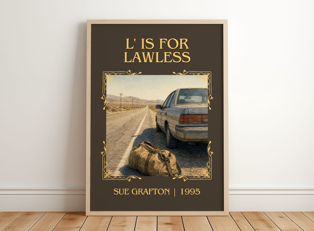 L' Is for Lawless Classic Book Art Print by Sue Grafton – framed print leaning on a wooden floor