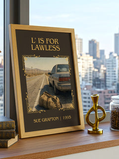 L' Is for Lawless Classic Book Art Print by Sue Grafton – framed print on a city-view windowsill