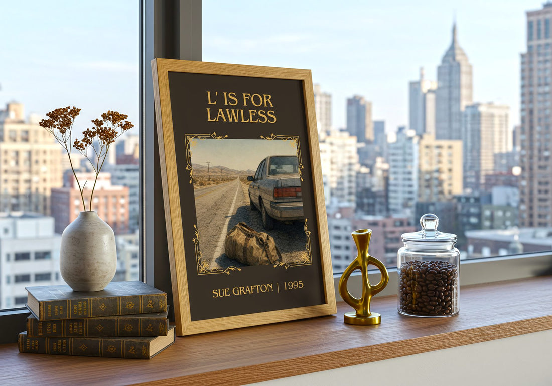 L' Is for Lawless Classic Book Art Print by Sue Grafton – framed print on a city-view windowsill