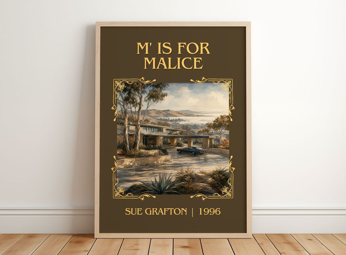 M' Is for Malice Classic Book Art Print by Sue Grafton – framed print leaning on a wooden floor