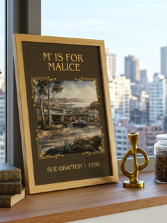 M' Is for Malice Classic Book Art Print by Sue Grafton – framed print on a city-view windowsill