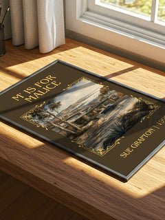 M' Is for Malice Classic Book Art Print by Sue Grafton – print on a sunlit desk