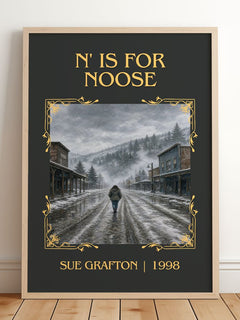N' Is for Noose Classic Book Art Print by Sue Grafton – framed print leaning on a wooden floor