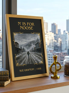 N' Is for Noose Classic Book Art Print by Sue Grafton – framed print on a city-view windowsill
