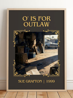 O' Is for Outlaw Classic Book Art Print by Sue Grafton – framed print leaning on a wooden floor