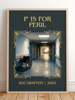 P' Is for Peril Classic Book Art Print by Sue Grafton – framed print leaning on a wooden floor