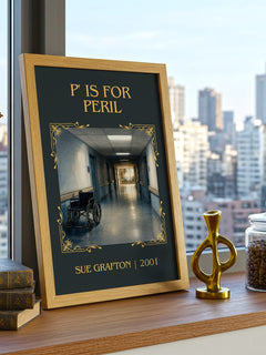 P' Is for Peril Classic Book Art Print by Sue Grafton – framed print on a city-view windowsill