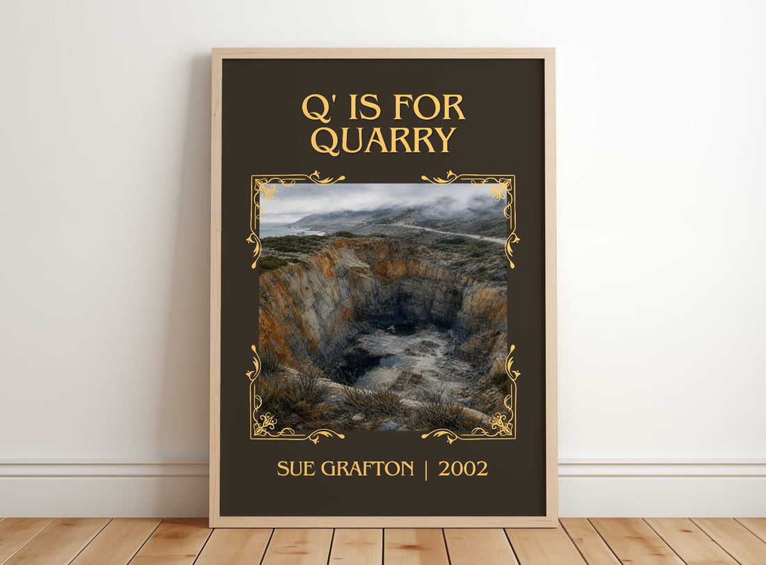 Q' Is for Quarry Classic Book Art Print by Sue Grafton – framed print leaning on a wooden floor