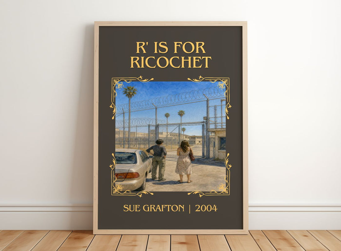 R' Is for Ricochet Classic Book Art Print by Sue Grafton – framed print leaning on a wooden floor