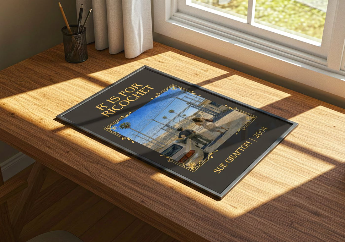 R' Is for Ricochet Classic Book Art Print by Sue Grafton – print on a sunlit desk