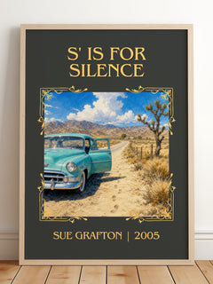 S' Is for Silence Classic Book Art Print by Sue Grafton – framed print leaning on a wooden floor