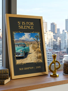 S' Is for Silence Classic Book Art Print by Sue Grafton – framed print on a city-view windowsill