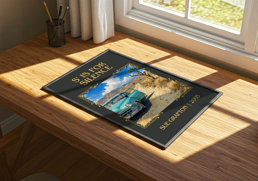 S' Is for Silence Classic Book Art Print by Sue Grafton – print on a sunlit desk