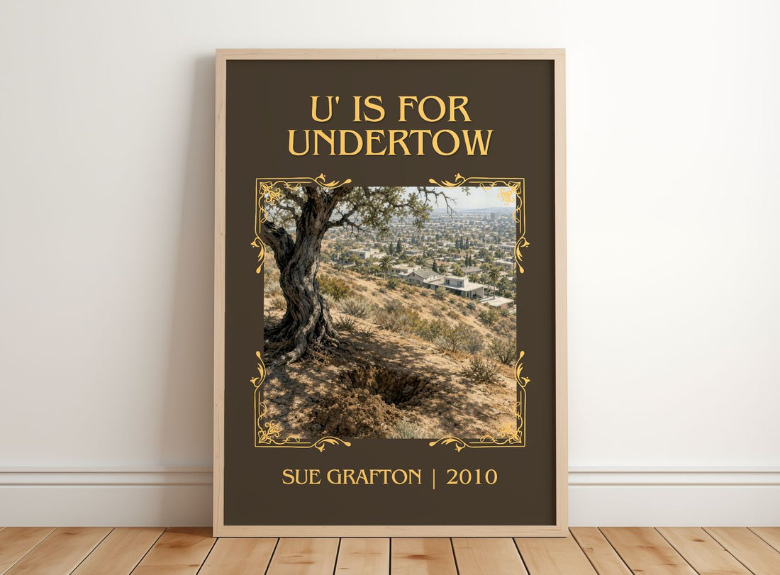 U' Is for Undertow Classic Book Art Print by Sue Grafton – framed print leaning on a wooden floor