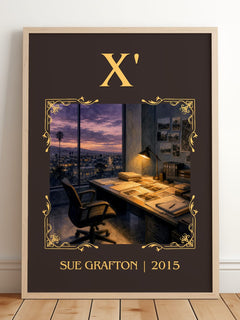 X' Classic Book Art Print by Sue Grafton – framed print leaning on a wooden floor