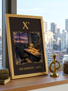 X' Classic Book Art Print by Sue Grafton – framed print on a city-view windowsill