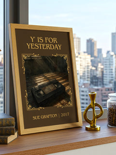 Y' Is for Yesterday Classic Book Art Print by Sue Grafton – framed print on a city-view windowsill