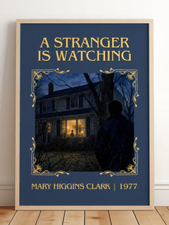 A Stranger Is Watching Classic Book Art Print by Mary Higgins Clark – framed print leaning on a wooden floor