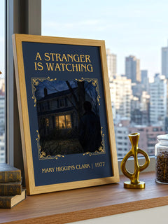 A Stranger Is Watching Classic Book Art Print by Mary Higgins Clark – framed print on a city-view windowsill