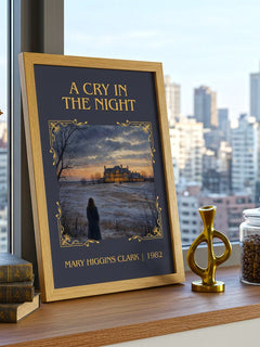 A Cry in the Night Classic Book Art Print by Mary Higgins Clark – framed print on a city-view windowsill