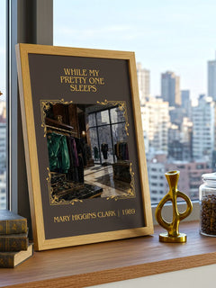 While My Pretty One Sleeps Classic Book Art Print by M. Clark – framed print on a city-view windowsill