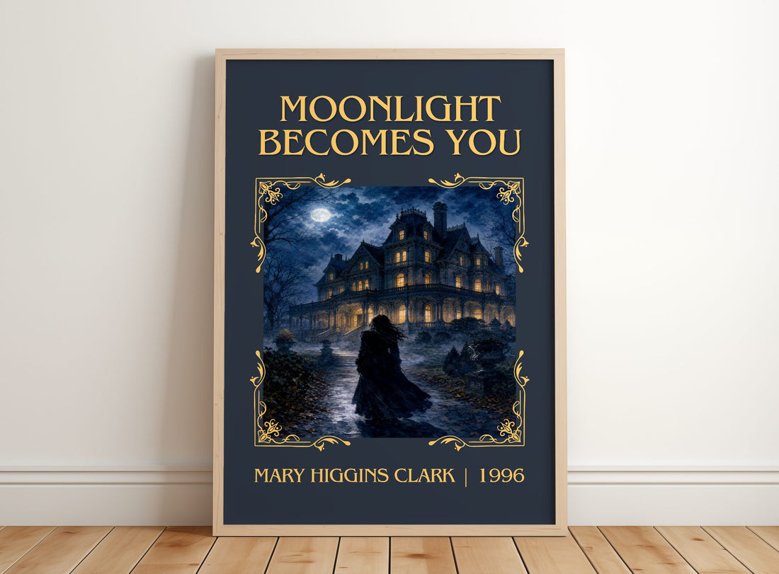 Moonlight Becomes You Classic Book Art Print by Mary Higgins Clark – framed print leaning on a wooden floor