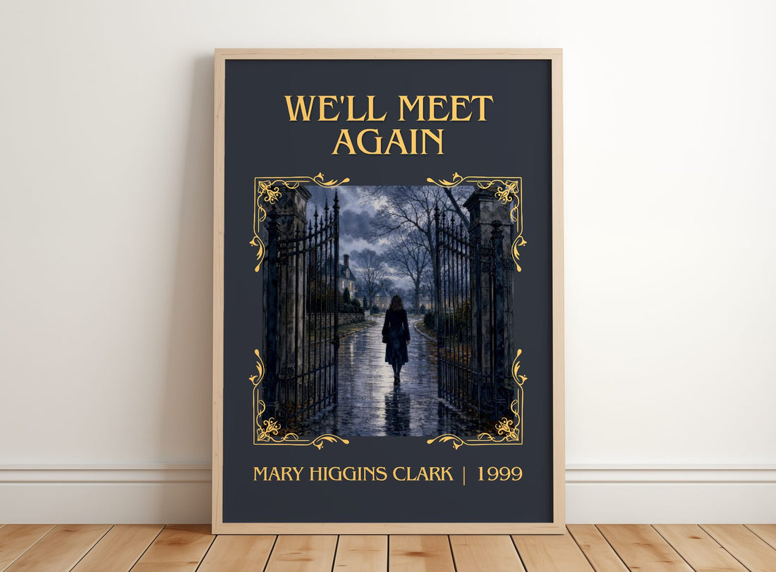 We'll Meet Again Classic Book Art Print by Mary Higgins Clark – framed print leaning on a wooden floor