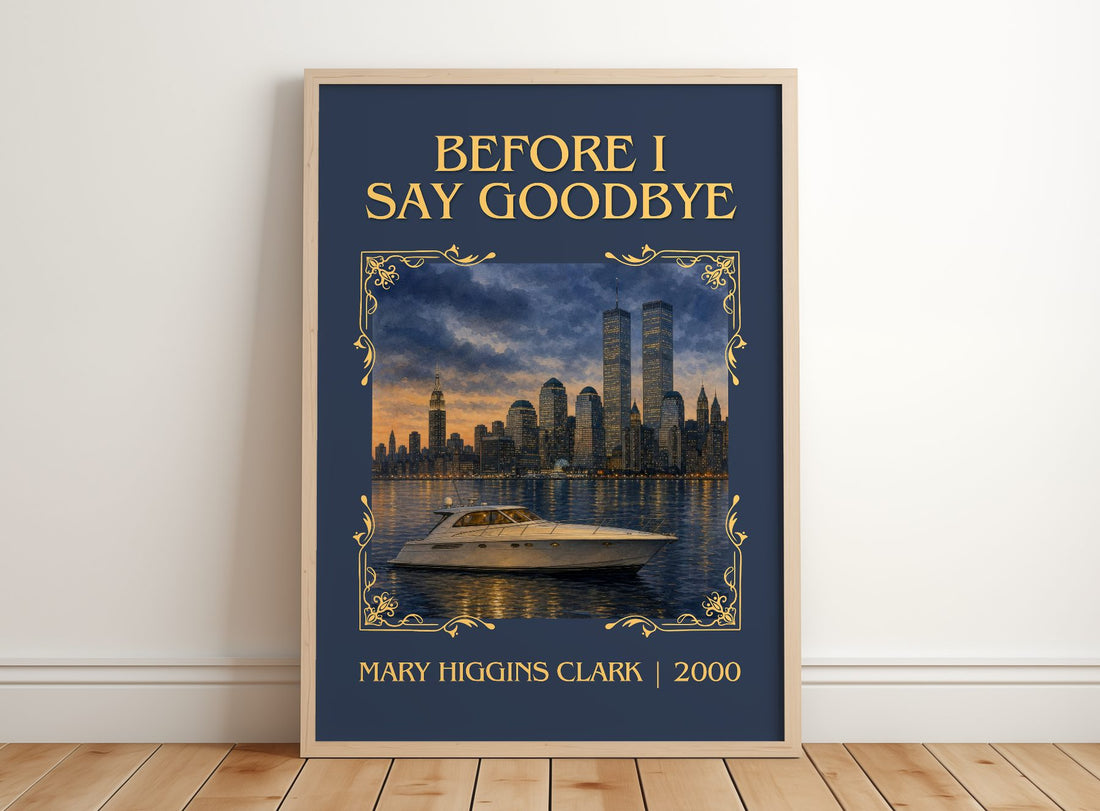 Before I Say Goodbye Classic Book Art Print by Mary Higgins Clark – framed print leaning on a wooden floor