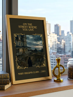 On the Street Where You Live Classic Book Art Print by M. Clark – framed print on a city-view windowsill