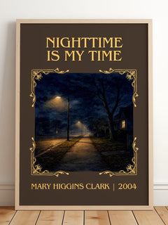 Nighttime Is My Time Classic Book Art Print by Mary Higgins Clark – framed print leaning on a wooden floor