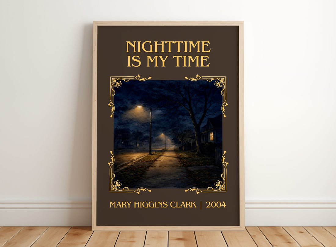 Nighttime Is My Time Classic Book Art Print by Mary Higgins Clark – framed print leaning on a wooden floor