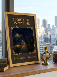 Nighttime Is My Time Classic Book Art Print by Mary Higgins Clark – framed print on a city-view windowsill