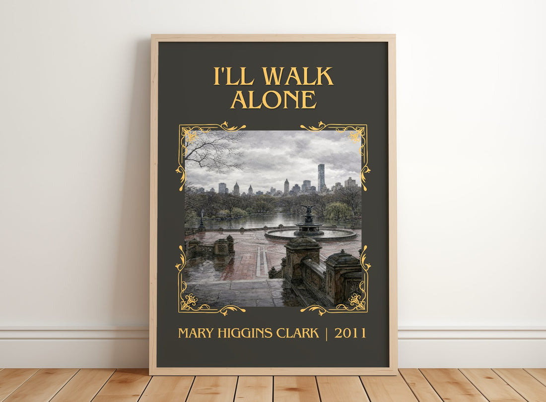 I'll Walk Alone Classic Book Art Print by Mary Higgins Clark – framed print leaning on a wooden floor