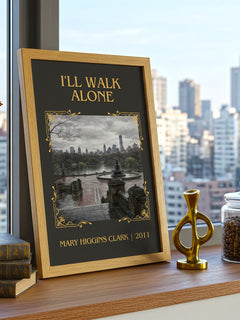 I'll Walk Alone Classic Book Art Print by Mary Higgins Clark – framed print on a city-view windowsill