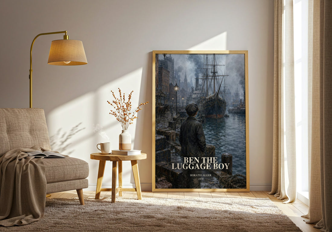 Ben The Luggage Boy watercolour print in frame leaning in hallway – childrens wall art (mockup)