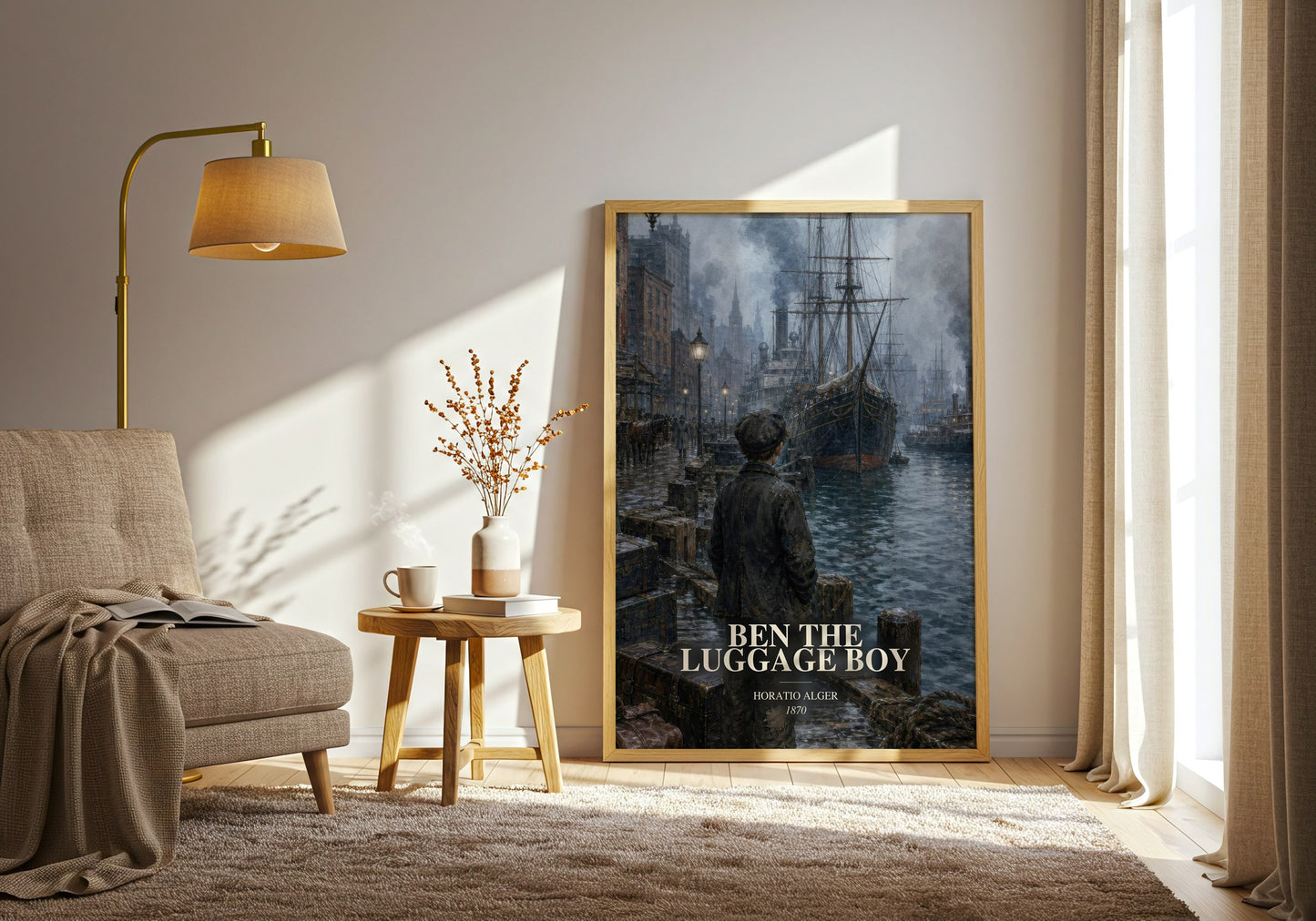Ben The Luggage Boy watercolour print in frame leaning in hallway – childrens wall art