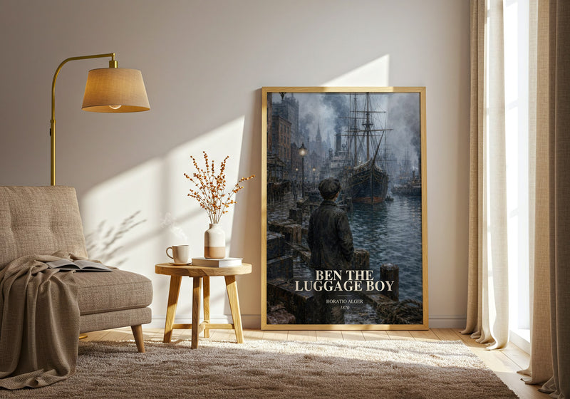 Ben The Luggage Boy watercolour print in frame leaning in hallway – childrens wall art