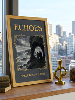 Echoes Classic Book Art Print by Maeve Binchy – framed print on a city-view windowsill