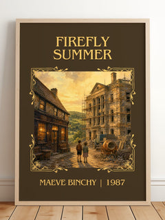 Firefly Summer Classic Book Art Print by Maeve Binchy – framed print leaning on a wooden floor