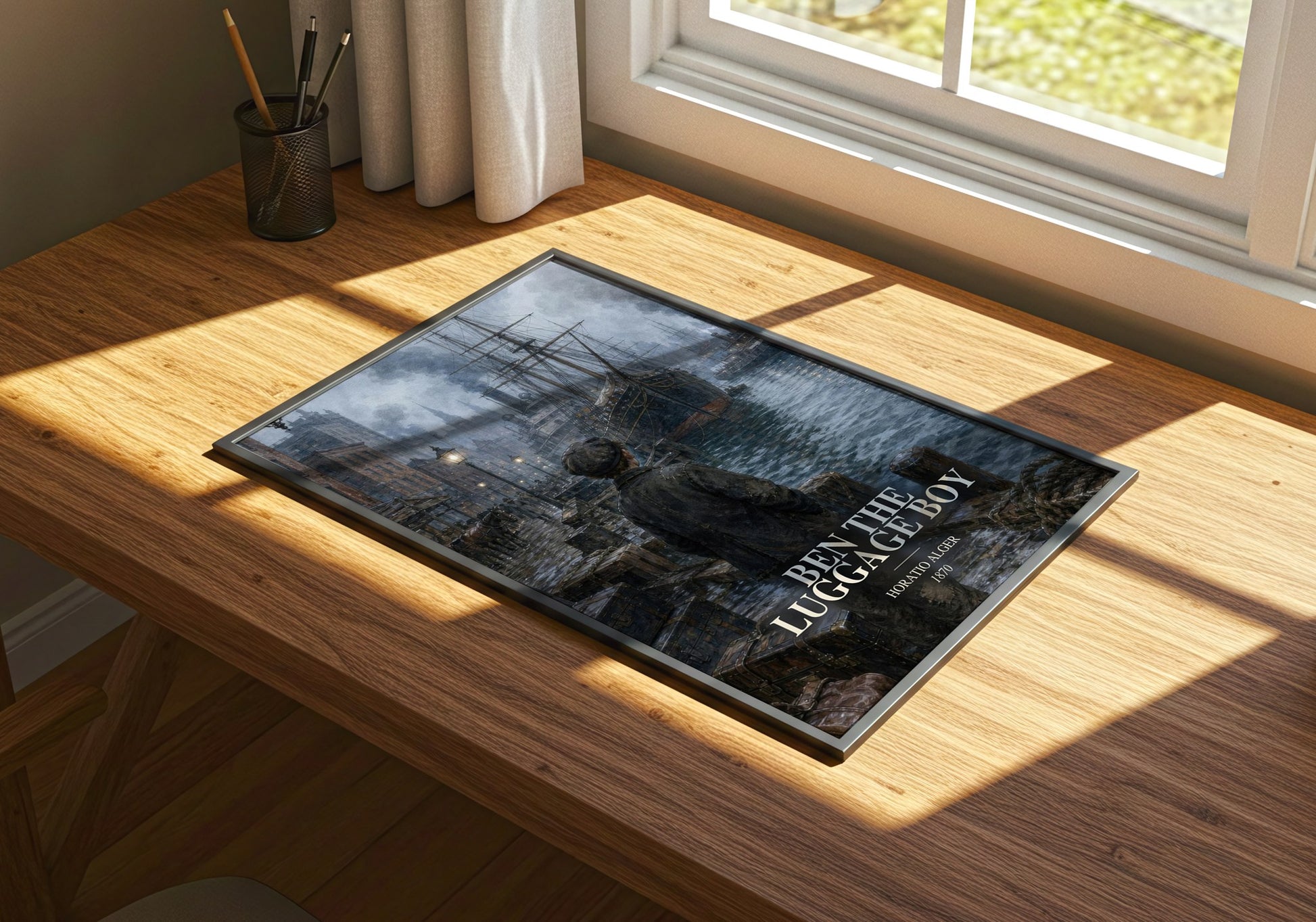 Ben The Luggage Boy watercolour book poster framed on wall – childrens wall art