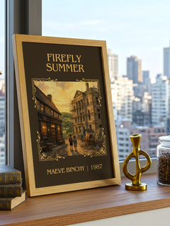 Firefly Summer Classic Book Art Print by Maeve Binchy – framed print on a city-view windowsill